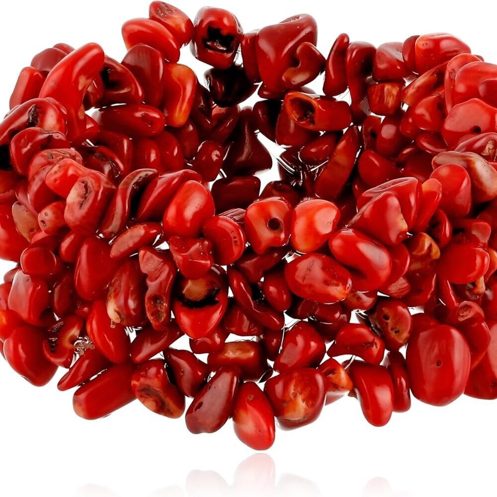8 Inch Multi Strands Red Simulated Coral Stone Chips Stretch Bangle Bracelet for